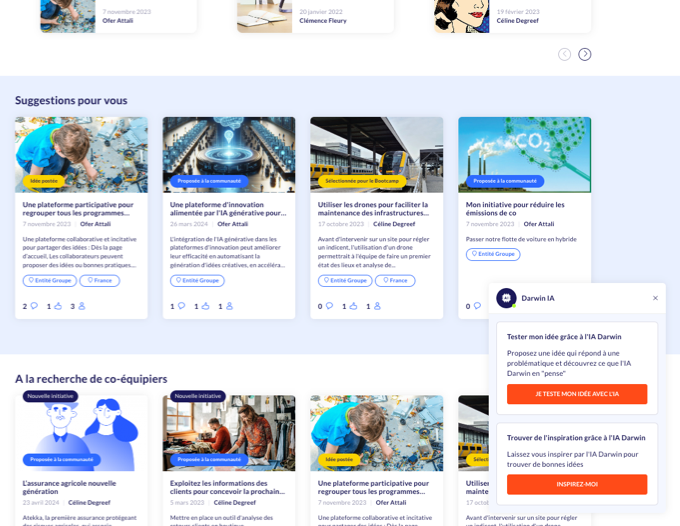 Screenshot des suggestions faites aux utilisateurs sur la page d’accueil de la plateforme Yumana