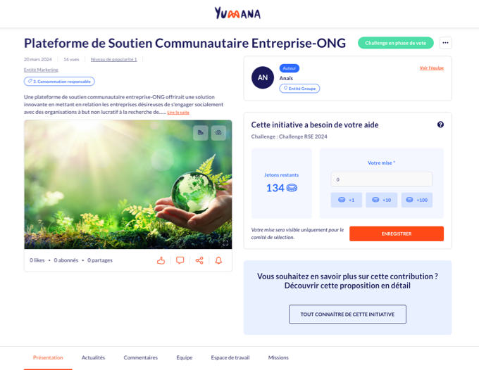 Screenshot d’une page initiative avec le module de vote par jeton