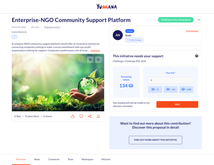 Screenshot of an initiative page with the token voting module