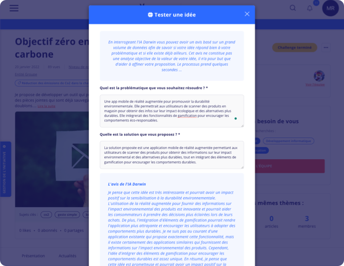 Screenshot du module IA “Tester une idée” avec les résultats présentés à l’utilisateur