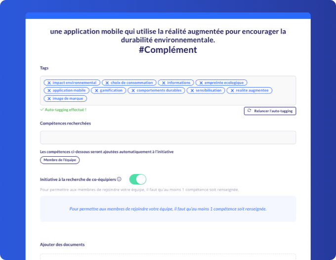 Screenshot de l'étape du formulaire de dépôt d’idée montrant les tags d’une initiative en cours de dépôt