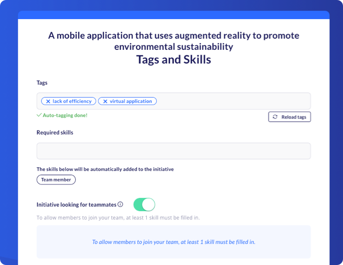 Screenshot of the idea submission form stage showing the tags of an initiative being submitted