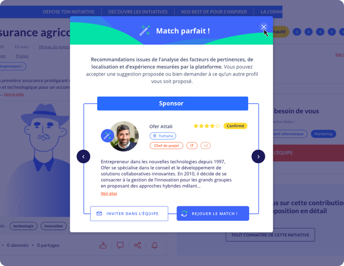 Screenshot du module de création d’équipe automatique sur la plateforme Yumana
