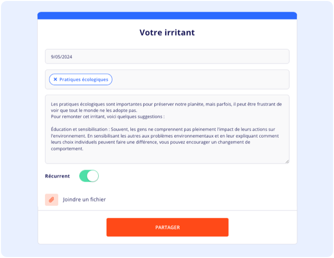 Screenshot d’un formulaire de dépôt d’un irritant sur la plateforme Yumana