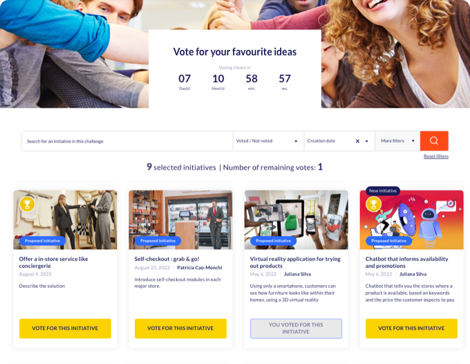 Screenshot of the voting page for initiatives on the Yumana innovation management software