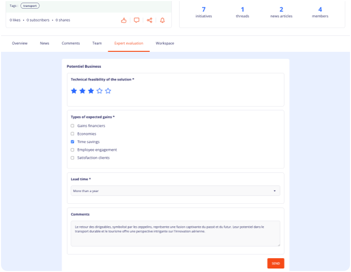 Screenshot of the evaluation form available to experts on the Yumana innovation management software