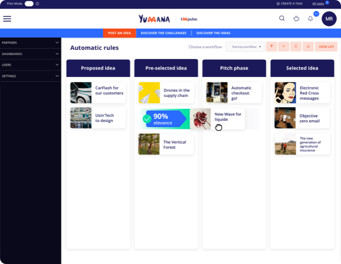 Screenshot of an automation workflow on the Yumana innovation management software