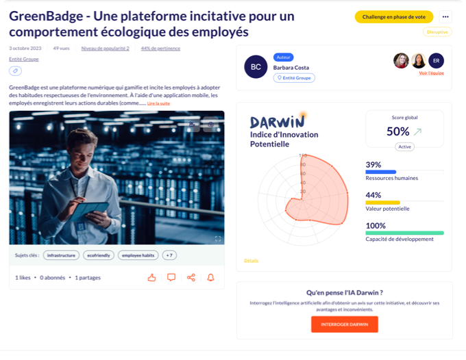 Screenshot d’une page initiative incluant l’indice d’innovation potentielle