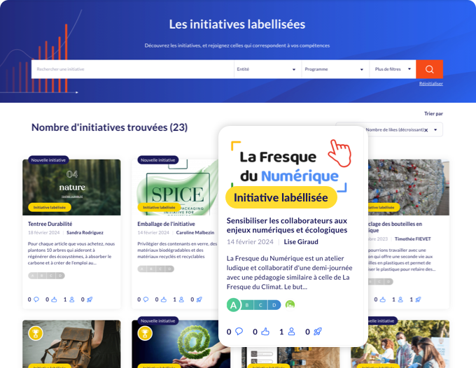Screenshot du catalogue d’initiatives labellisées avec zoom sur une initiative