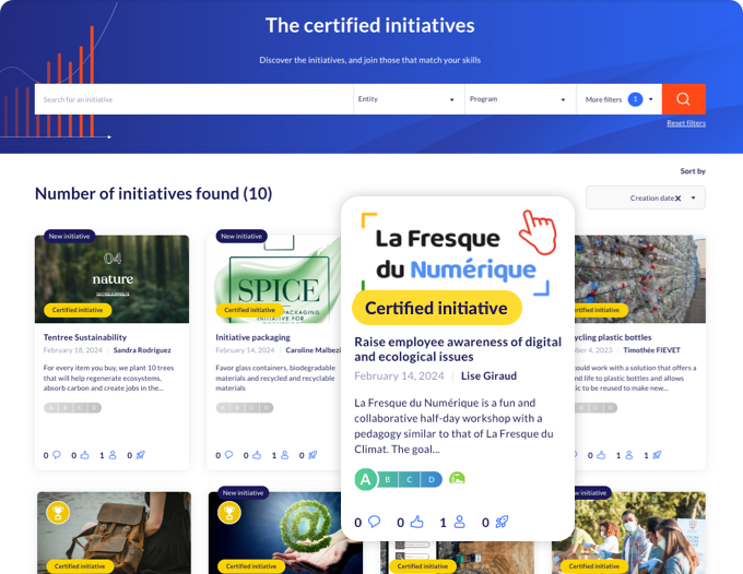 Screenshot of the catalogue of labelled initiatives with a zoom on one initiative