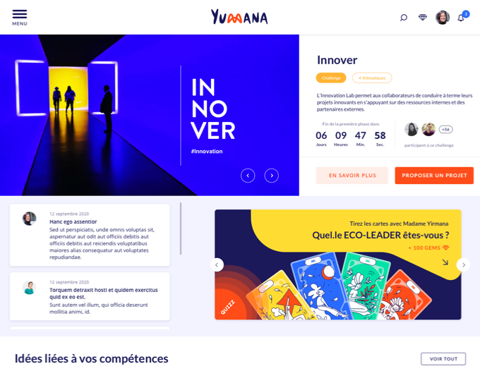 Screenshot de la page d’accueil de la plateforme Yumana présentant un quiz à destination des utilisateurs