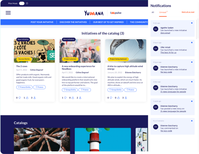 Screenshot of notifications received by users of the Yumana innovation management software