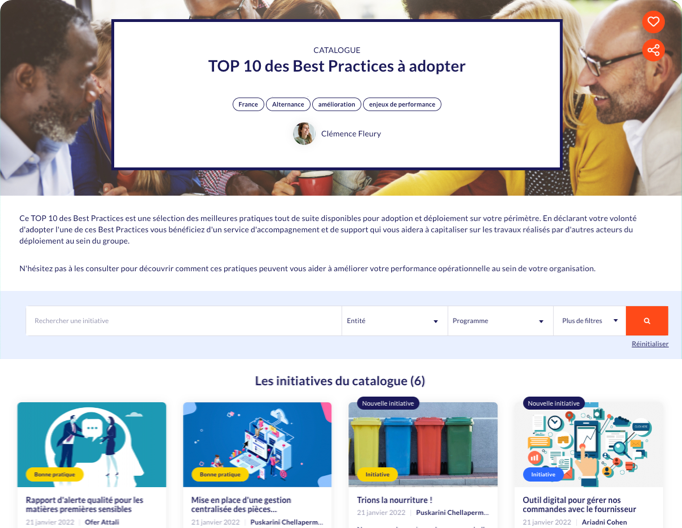 Screenshot du catalogue d’initiatives disponibles sur la plateforme Yumana