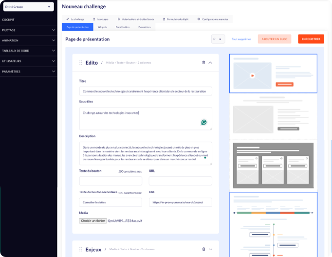 Screenshot du back office de la plateforme Yumana montrant le concepteur de page Challenge
