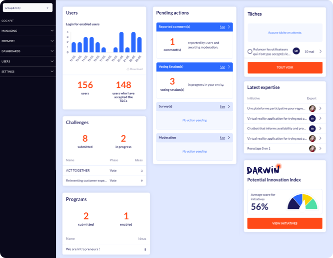 Screenshot of the management cockpit for Yumana platform managers