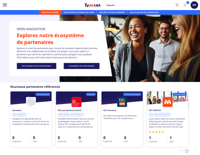 Screenshot de la page d’accueil de la plateforme d’open innovation de Yumana