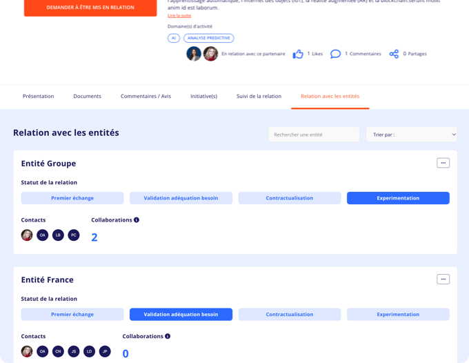 Screenshot de la page partenaire de la plateforme Yumana et des informations de suivi par entité