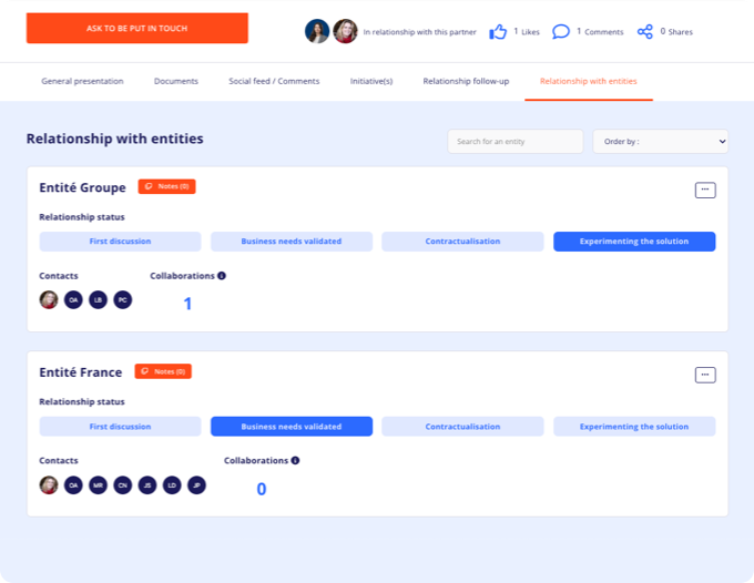 Screenshot of the Yumana platform partner page and tracking information by entity