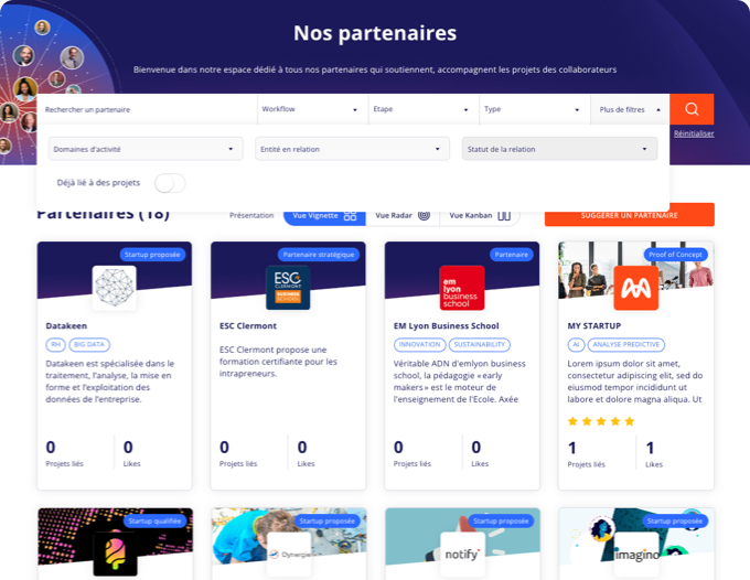 Screenshot du moteur de recherche des partenaires sur la plateforme d’open innovation Yumana