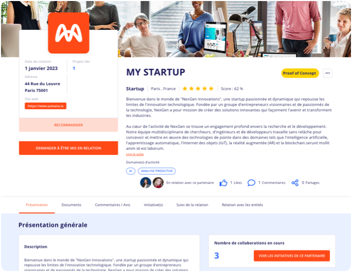 Screenshot de la page de détail d’un partenaire sur la plateforme Yumana
