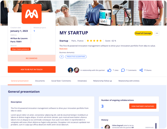 Screenshot of a partner's details page on the Yumana open innovation management software