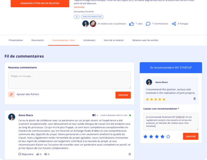 Screenshot de l’espace commentaires et avis sur une page partenaire de la plateforme Yumana