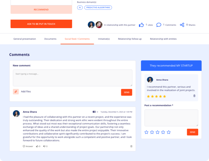 Screenshot of the comments and reviews section of a partner page on the Yumana open innovation management software