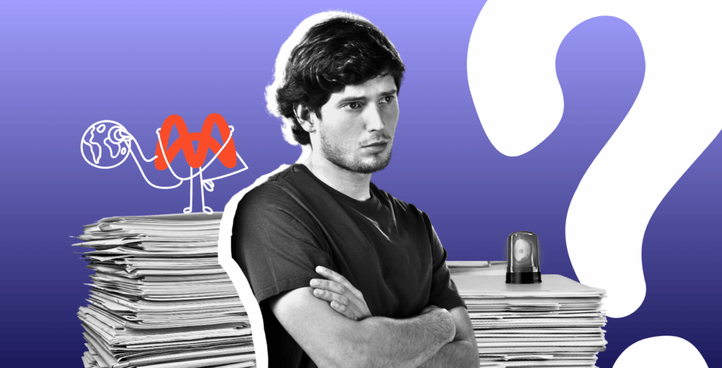 Un homme pensif debout devant une pile de documents, avec des éléments graphiques symbolisant les crises, l'urgence et l’innovation.