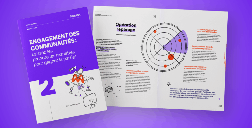 Visuel mock-up du livre blanc de Yumana « Engagement des communautés : laissez-les prendre les manettes pour gagner la partie ! » (mai 2025) ; couverture violette avec illustration de manette de jeu et double page intérieure affichant statistiques et infographies sur l’engagement des salariés.