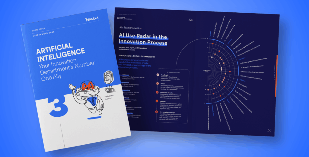Mock-up visual of Yumana’s white paper ‘Artificial Intelligence’ (September 2025); blue cover with an AI-themed illustration and a double-page spread showcasing statistics and infographics on AI x Innovation Teams