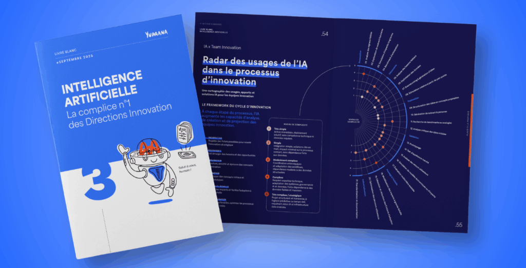 Visuel mock-up du livre blanc de Yumana « Intelligence Artificielle » (septembre 2025) ; couverture bleue avec illustration de l'IA et double page intérieure affichant statistiques et infographies sur l’IA x les Team Innovation.